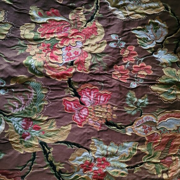 Vintage Tapestry Upholstery Fabric 1-1/3 Yards Bright Floral on Brown Background - Picture 2 of 5